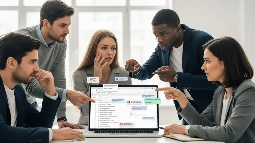 A concerned business team gathered around a laptop, pointing at a cluttered and confusing email inbox.