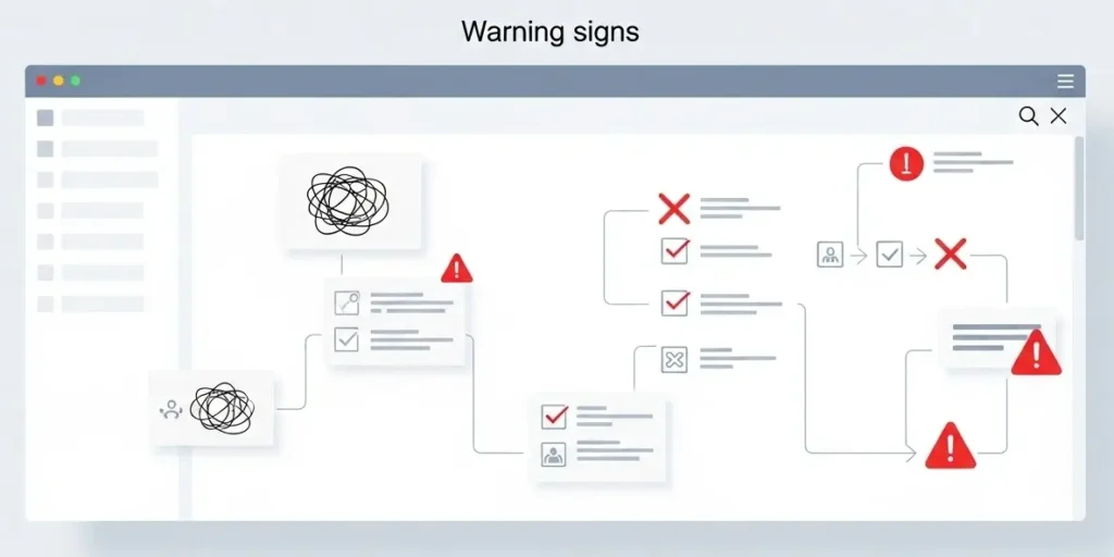 Workflow diagram showing warning signs, errors, and broken customer communication processes highlighted with alert icons