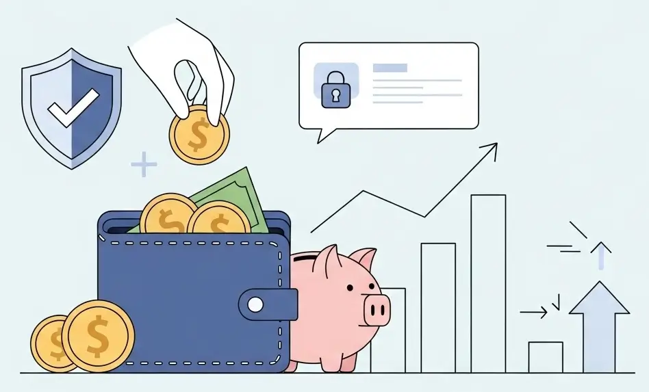 Piggy bank and wallet illustration representing cost-effective pricing and secure business tools