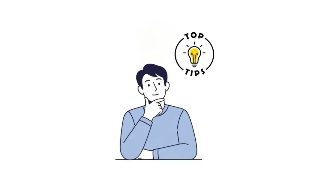 Illustration of a person thinking with a light bulb icon labeled “Top Tips,” representing helpful ideas or insights.