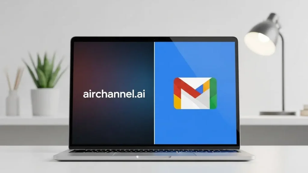 A laptop on a desk showing a split screen with the airchannel.ai logo on the left and the Gmail envelope logo on the right. This images indicates solution for gmail as unified inbox gmail.
